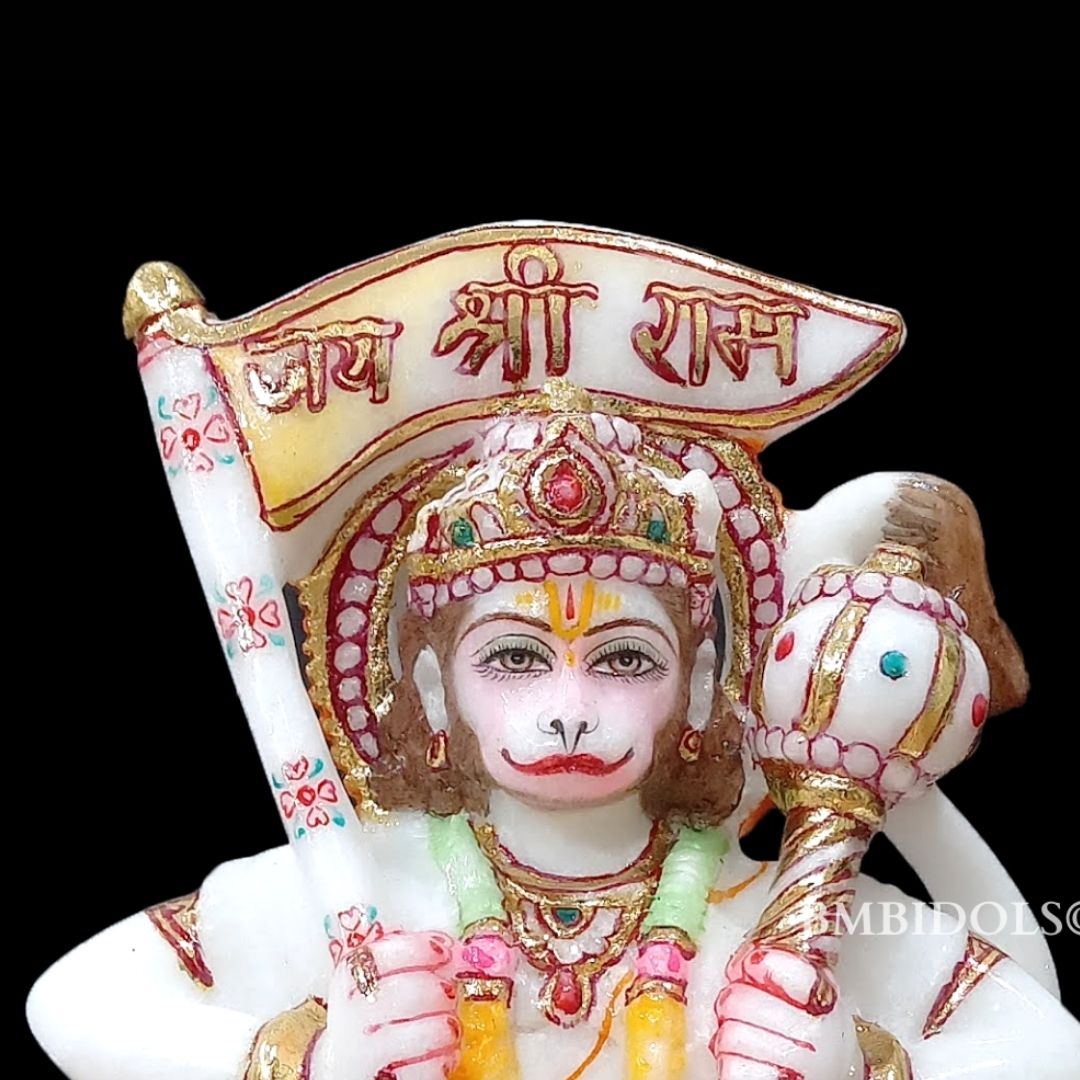 Preorder Marble Hanuman Statue carrying Flag in Hand of Jai Shri Ram