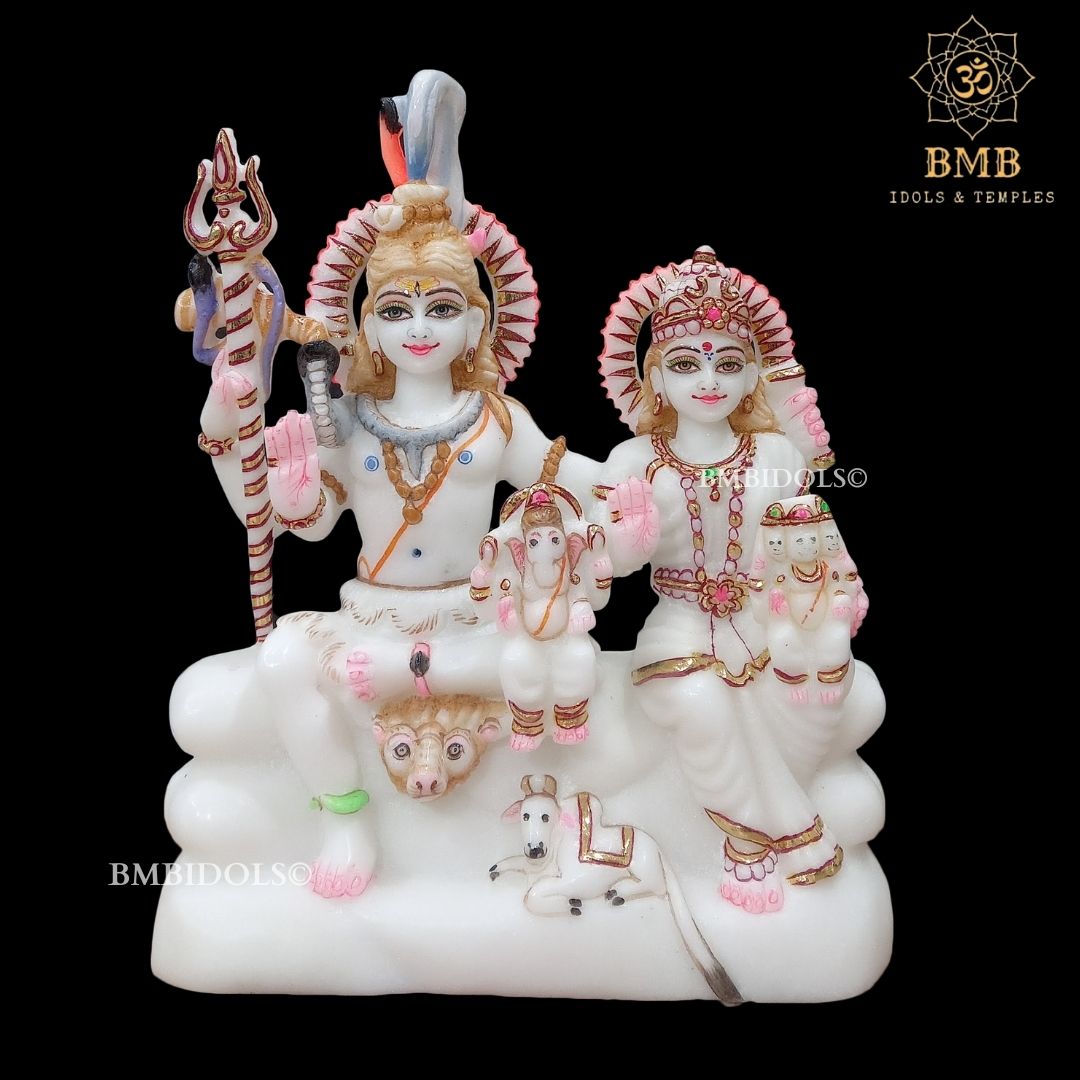 Makrana Marble Shiv Parivar Murti with Ganesh and Kartikeya in 9inch