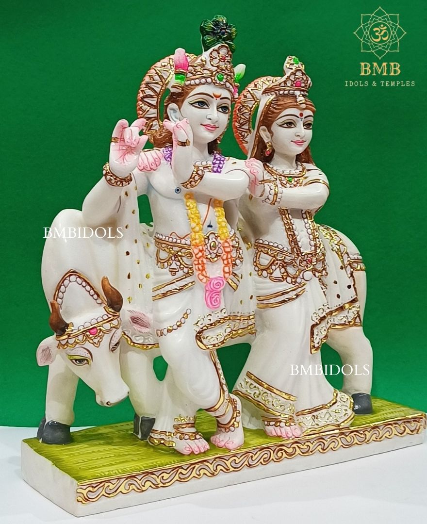 Marble Radha Krishna Statue with Cow