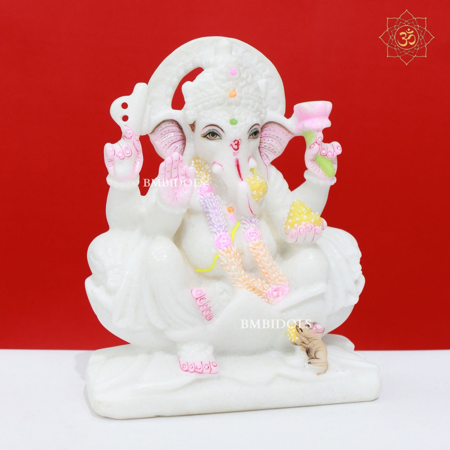 White Marble Ganesh Statue sitting on Lotus in 9inches
