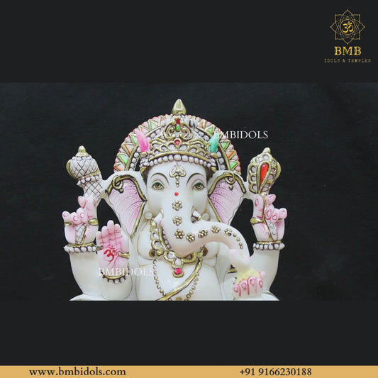 White Marble Ganesh Murti with Four Hands in 15inches