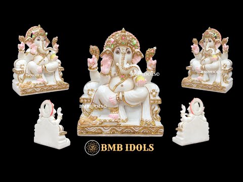 Marble Ganesh Statue Sitting on the Chowki made in White Marble in 9inch