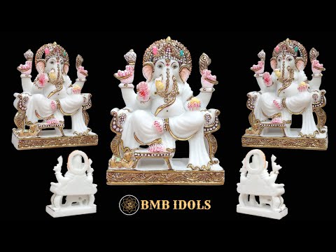 Marble Ganpati Statue sitting on the chowki  for Home Temples 9inches