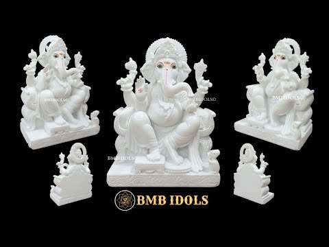 White Makrana Marble Ganesh Statue made Sitting on chowki in 18inches